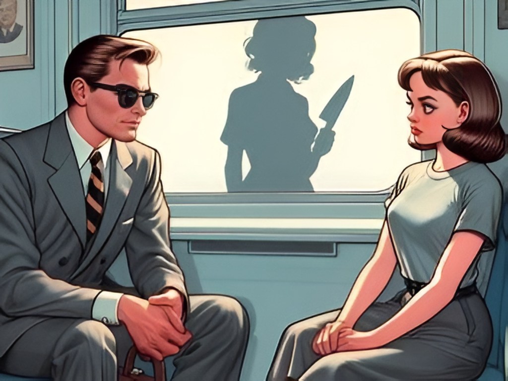 Marilyn en Stefan tegenover elkaar in de treincoupé, buiten het raam het silhouet van Ramona met een mes. Afbeelding gegenereerd met AI