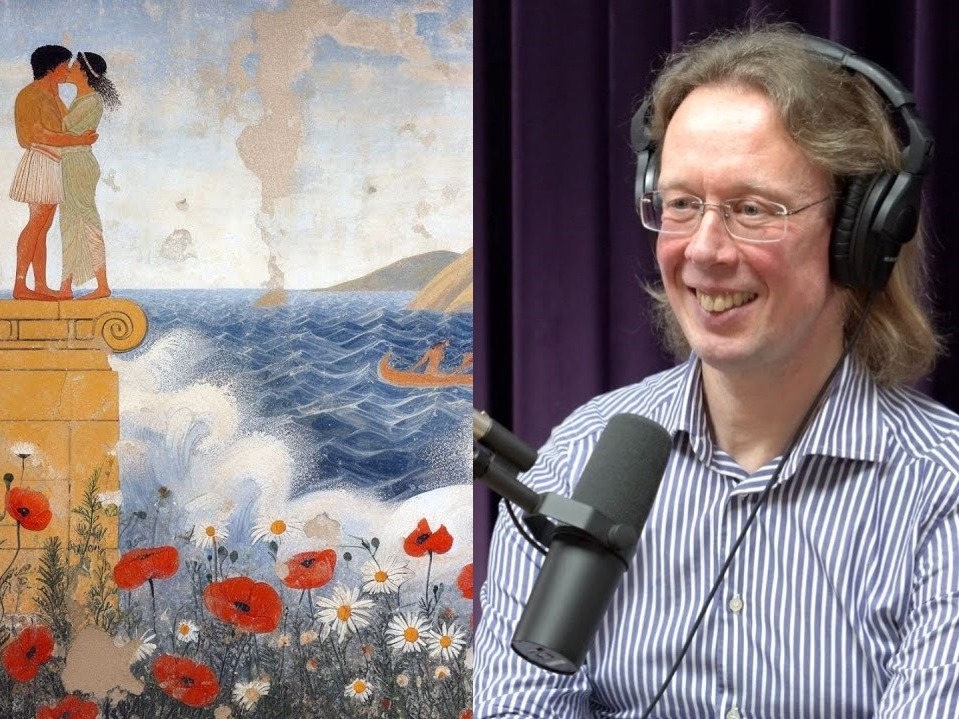 Links een fragment van het omslag van Alles stroomt, rechts Frans lachend achter de microfoon van MarcoToday