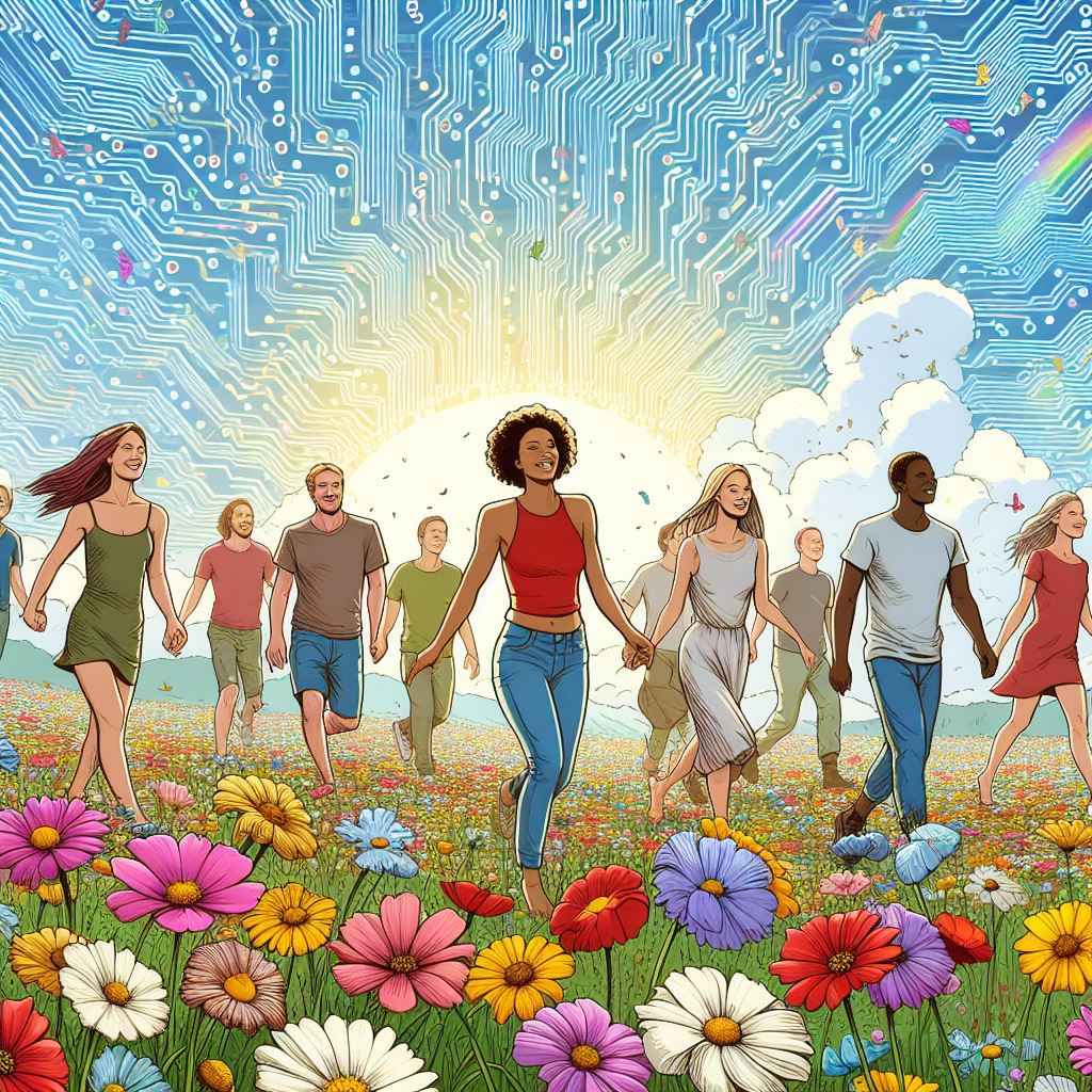 Mensen huppelen vrolijk door een bloemenweide. Achter de horizon verrijzen computerchips zo ver het oog reikt (AI-gegenereerd)