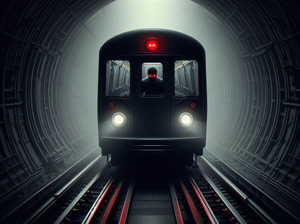 Een aanstormende metro in een donkere tunnel. De bestuurder heeft rode ogen. Gemaakt met AI.